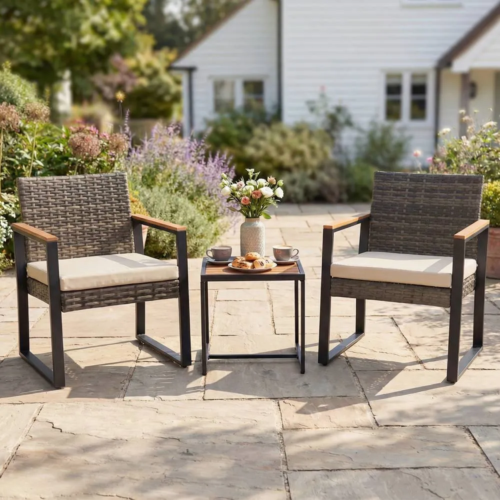 Costway 3PCS PE Wicker Patio Conversation Set Bistro Set w/Cushion &Side Table in Beige 4