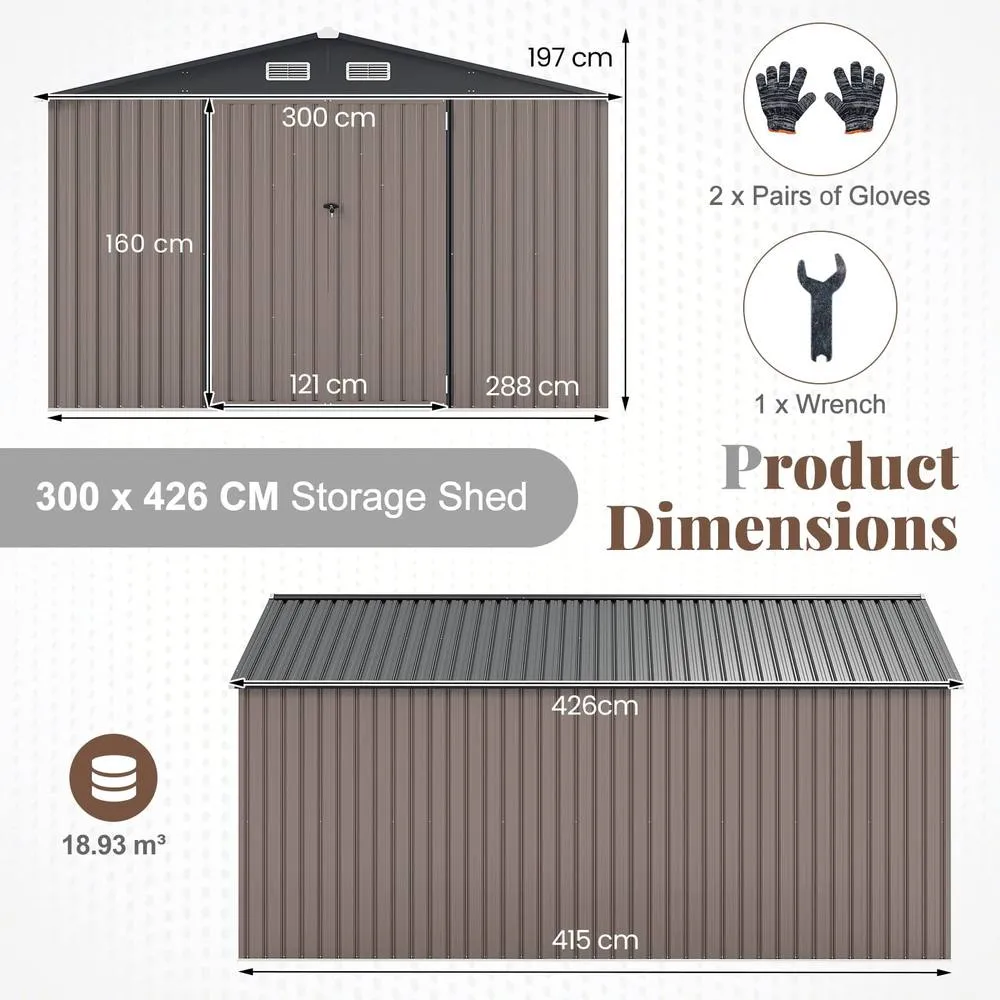 Costway 426cm x 300cm Outdoor Storage Shed Large Garden Tool House in Grey 2