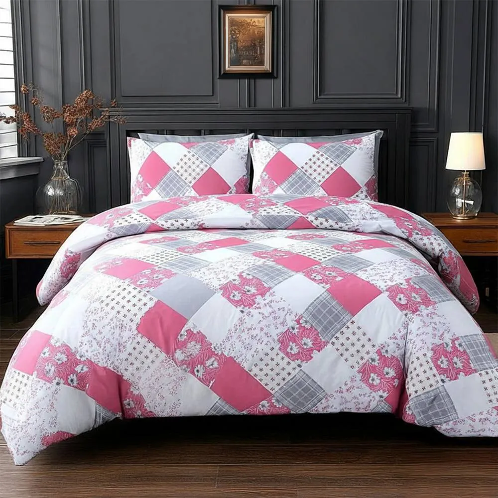 Snug City Duvet Cover Pillowcase Floral Patchwork Design Polycotton Bed Linen in Pink