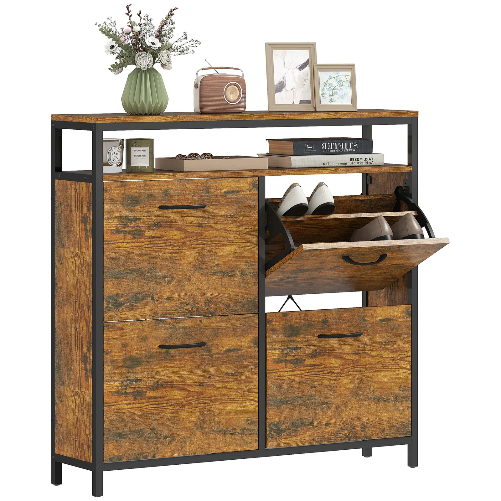 HOMCOM Shoe Cabinet with 4 Flip Drawers, Holds 12-20 Pairs in Brown 2
