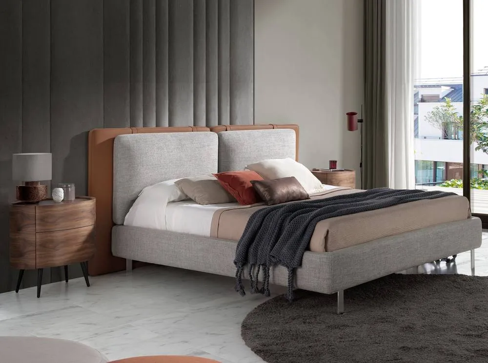 Angel Cerda Brown Leatherette Double Bed with Grey Fabric 3