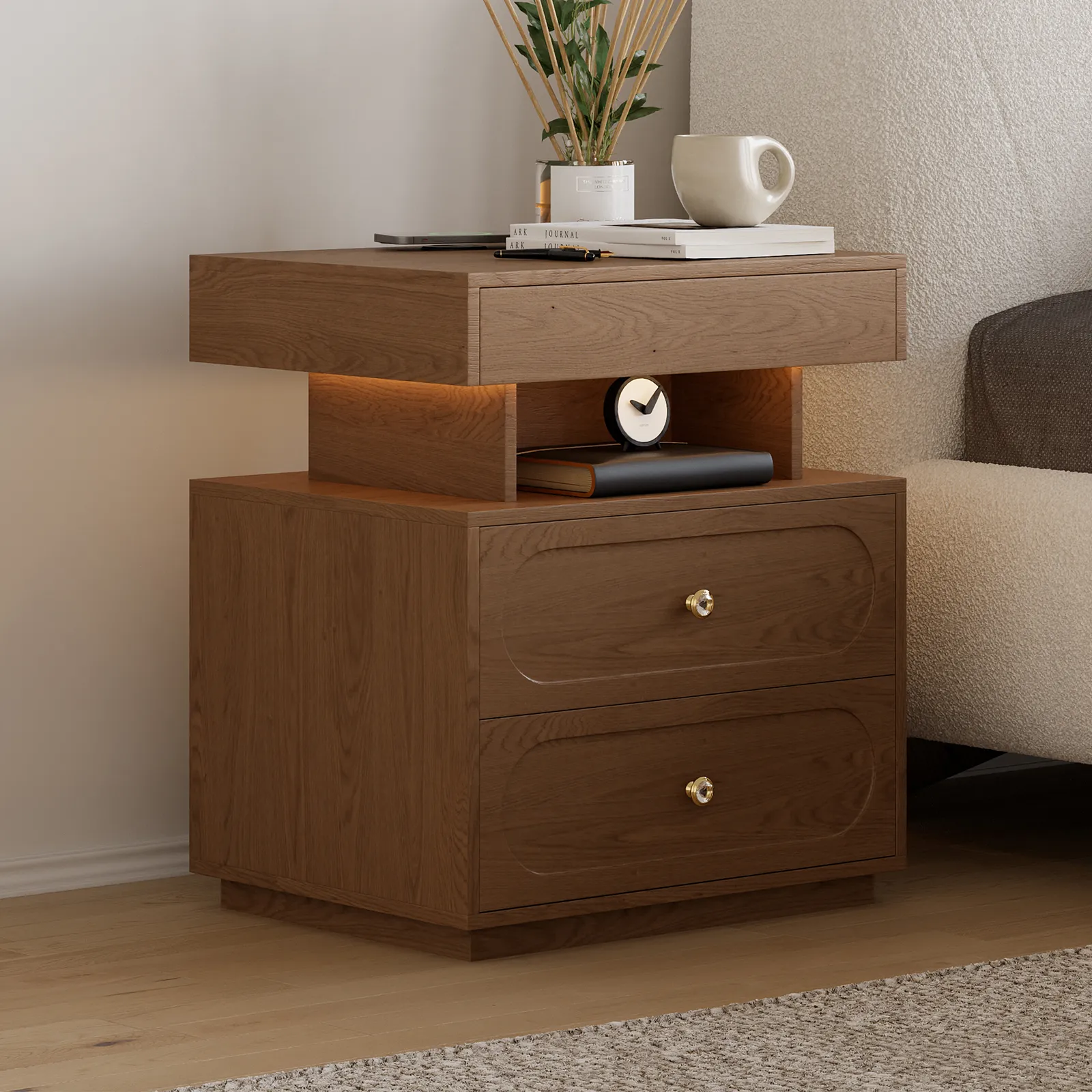 Modern Smart Nightstand with Light 2 Drawer Bedside Table with Charging Station