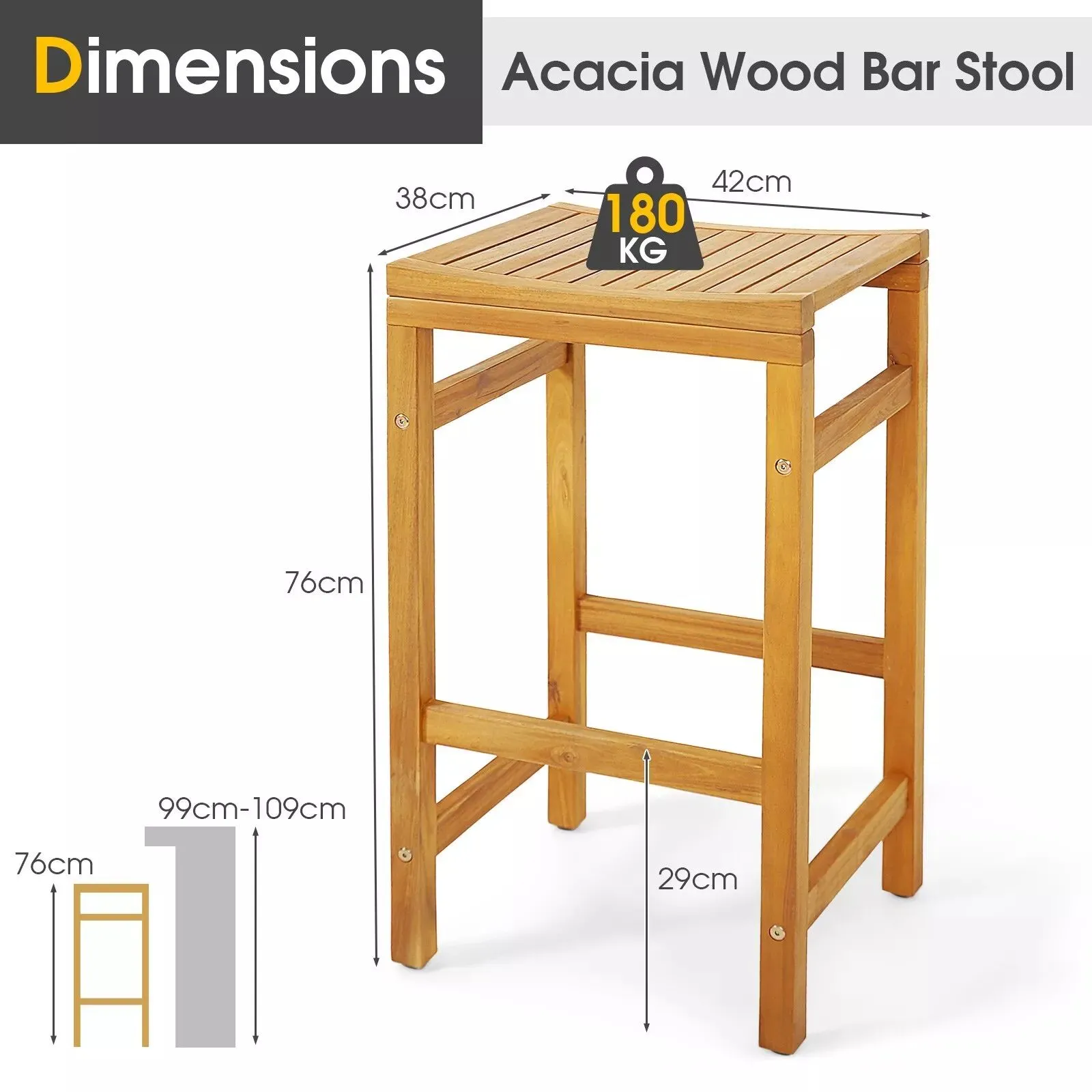 Costway Outdoor 76cm Height Bar Chair 2Pcs Patio Acacia Wood Bar Stool Set in Natural 2