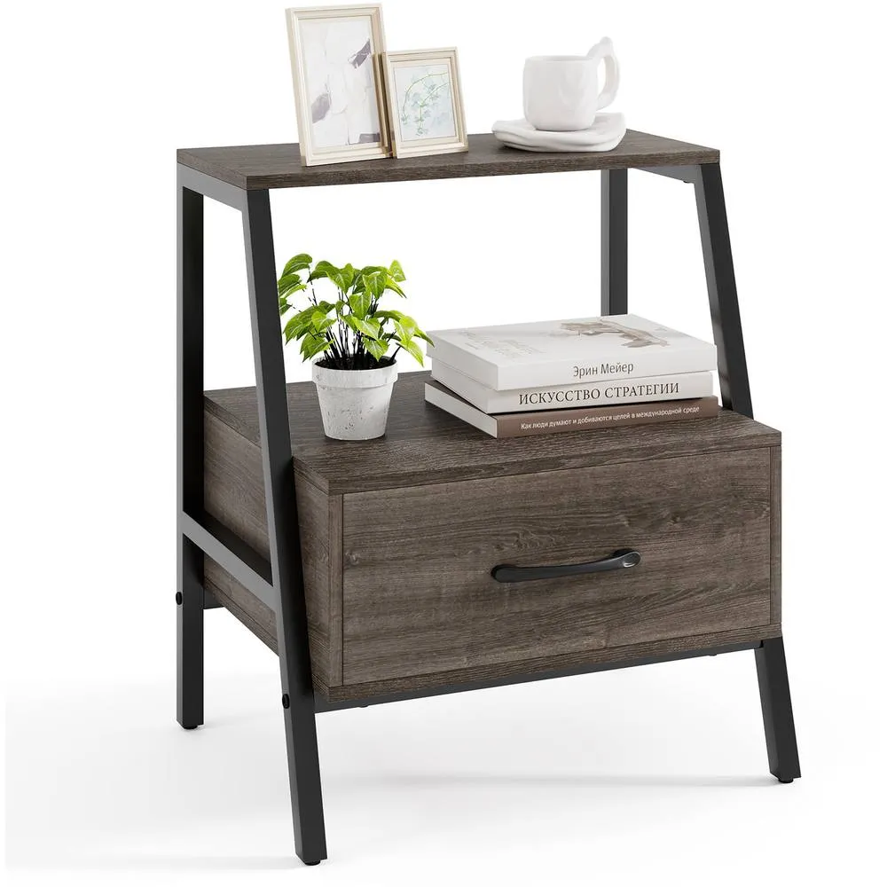 Costway Farmhouse 3-Tier Bedside Table Nightstand Drawer-Gray in Grey 5