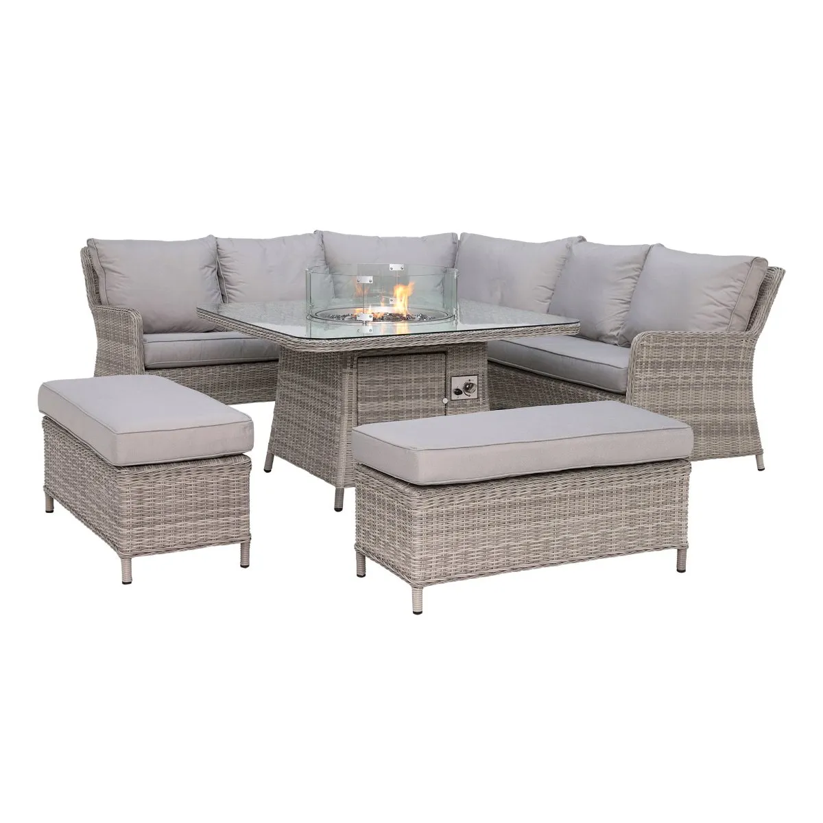 Hathaway Royal Garden Corner Dining Set With Fire Pit in Light Grey Weave and Grey Fabric