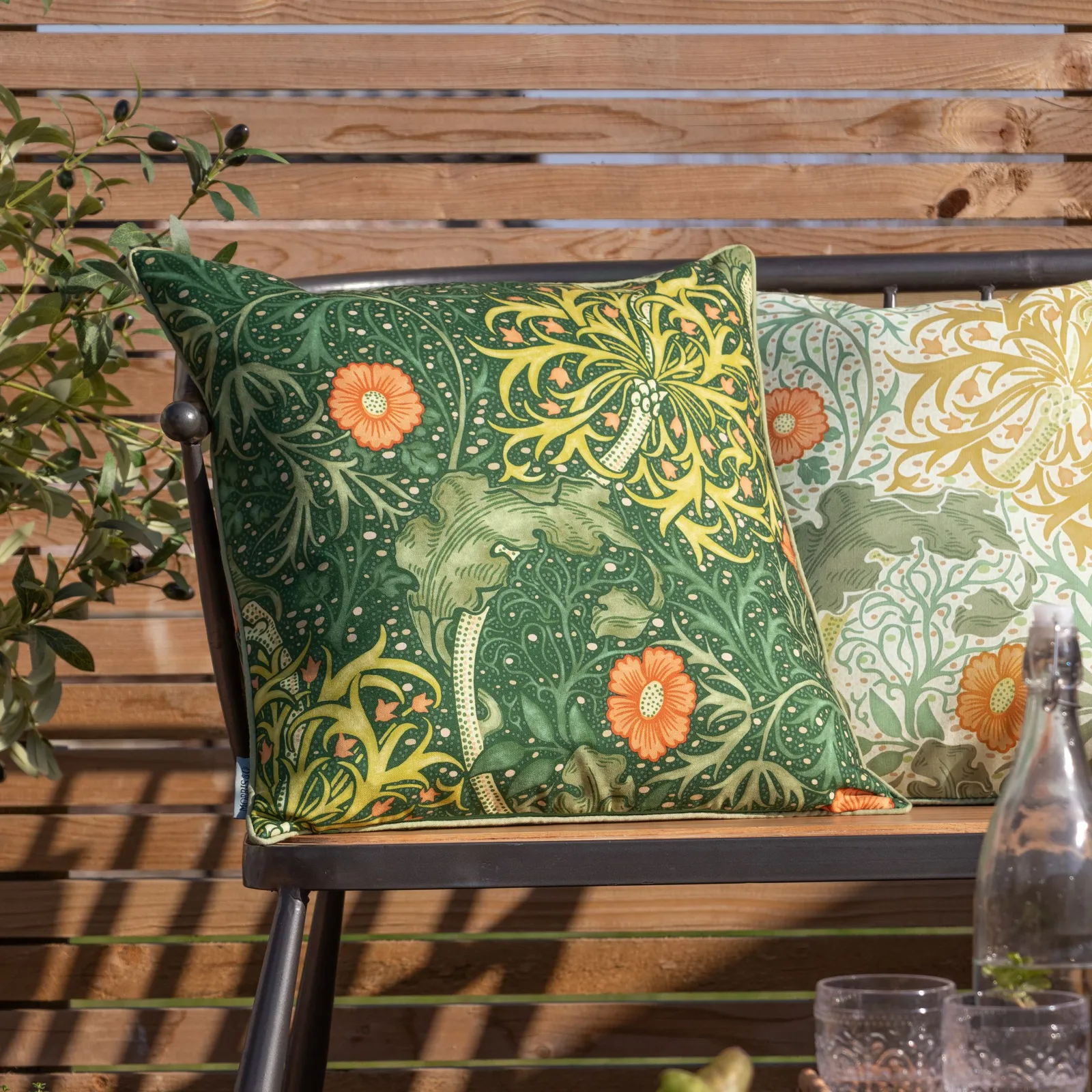 Morris & Co Seaweed Printed Piped Outdoor Cushion in Green 1