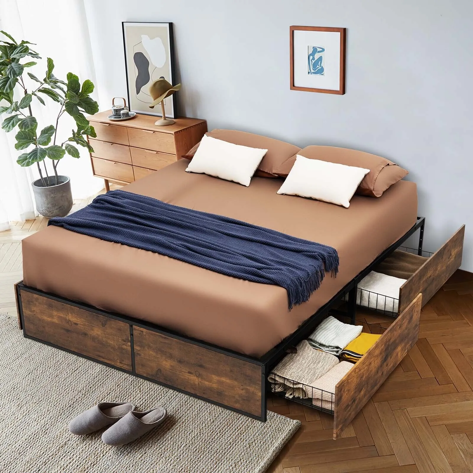 Costway Iron Bed Frame Platform Bed Base Mattress Foundation w/ 4 Drawers in Amber 4