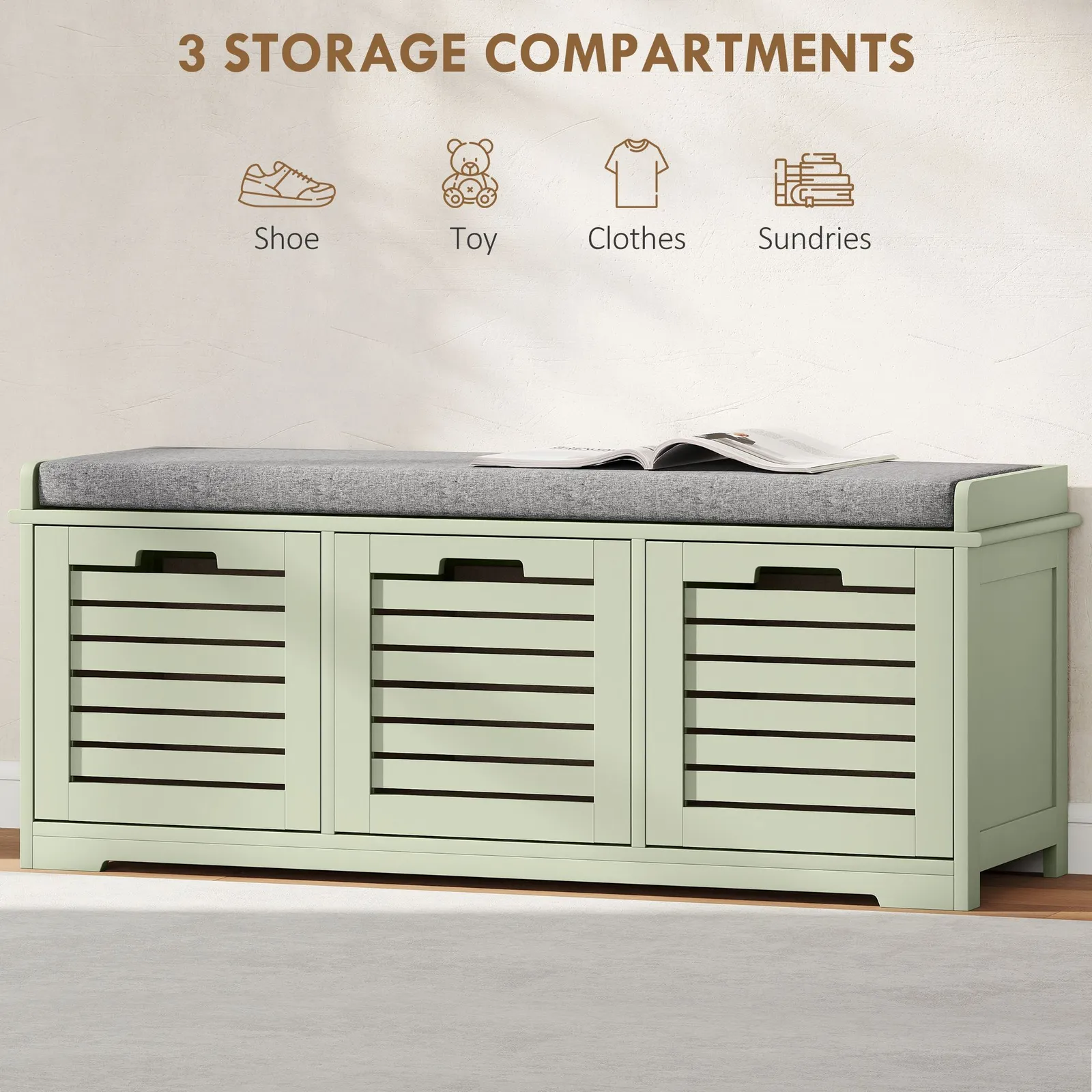 HOMCOM 3-Door Shoe Storage Bench Cushion Seat Slatted Doors in Green 4