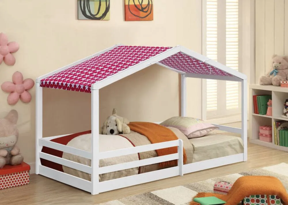 Comfy Living Ltd 3ft Wooden House Bed With Pink Tent in White 1
