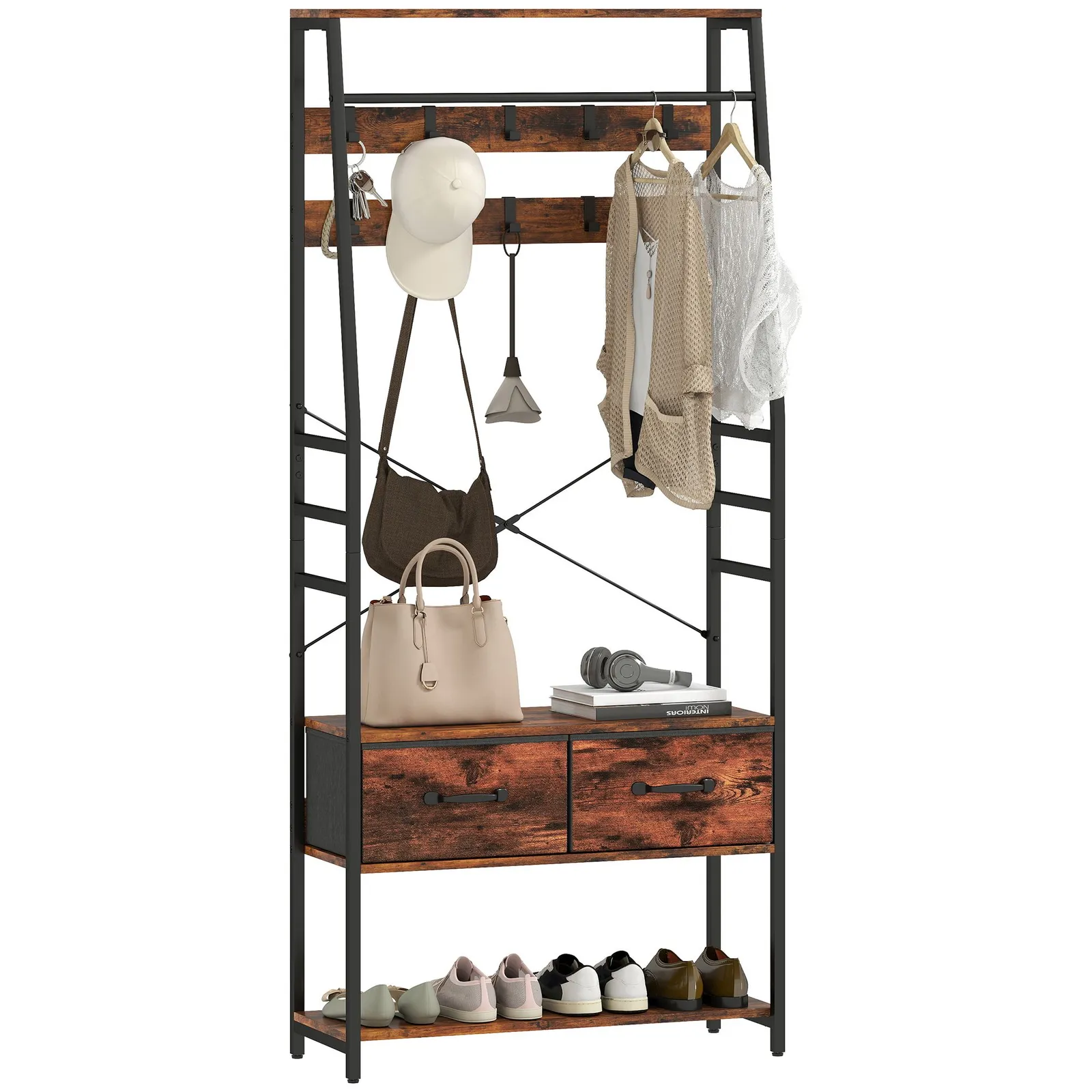 HOMCOM Coat Rack with Shoe Storage, Bench & 10 Hooks in Brown 2