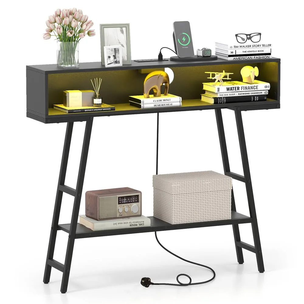 Costway 3-Tier Console Table Entryway Table Narrow Sofa Table w/ LED Light in Black 4