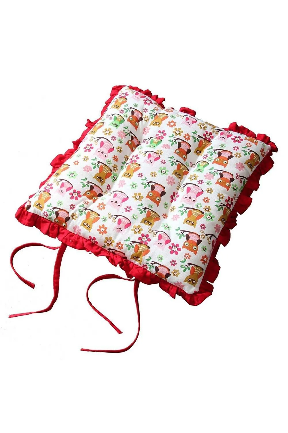 Homescapes Reversible Red Frilled Cushion Seat Pad with Ties Owls