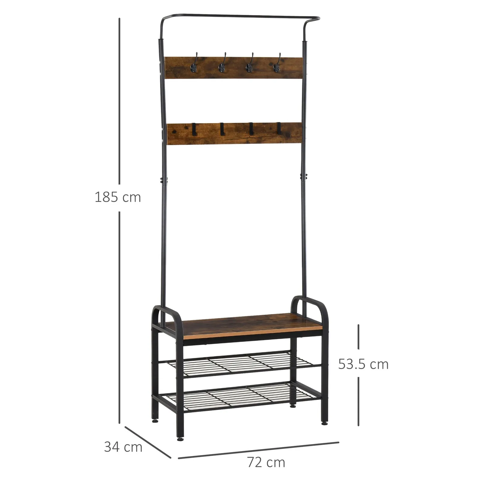 HOMCOM Industrial Coat Rack Stand Shoe Bench 8 Hooks Storage Cabinet in Brown 3