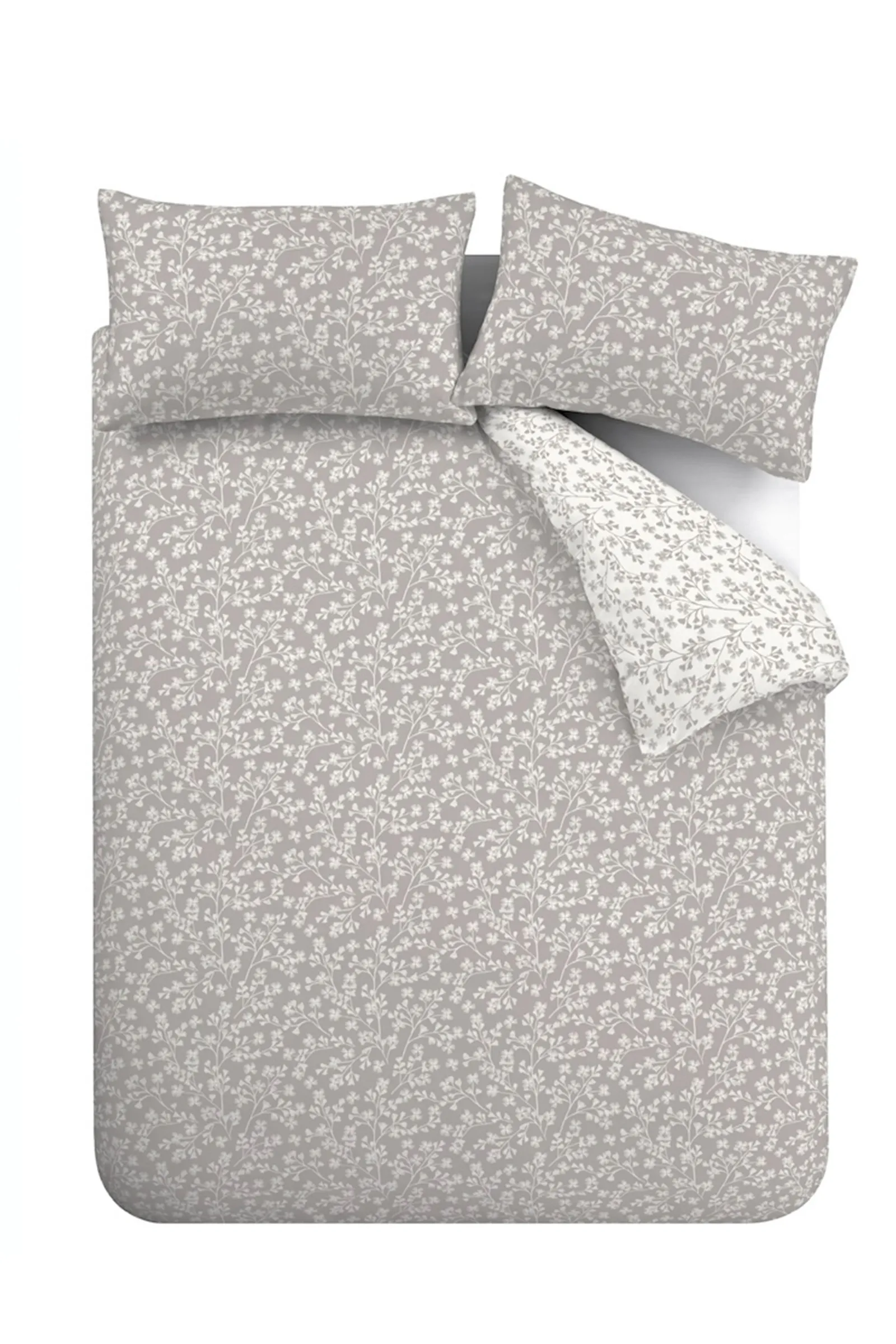 Catherine Lansfield 'Brushed Grace Floral Leaf' Cotton Reversible Duvet Cover Set in Grey 5