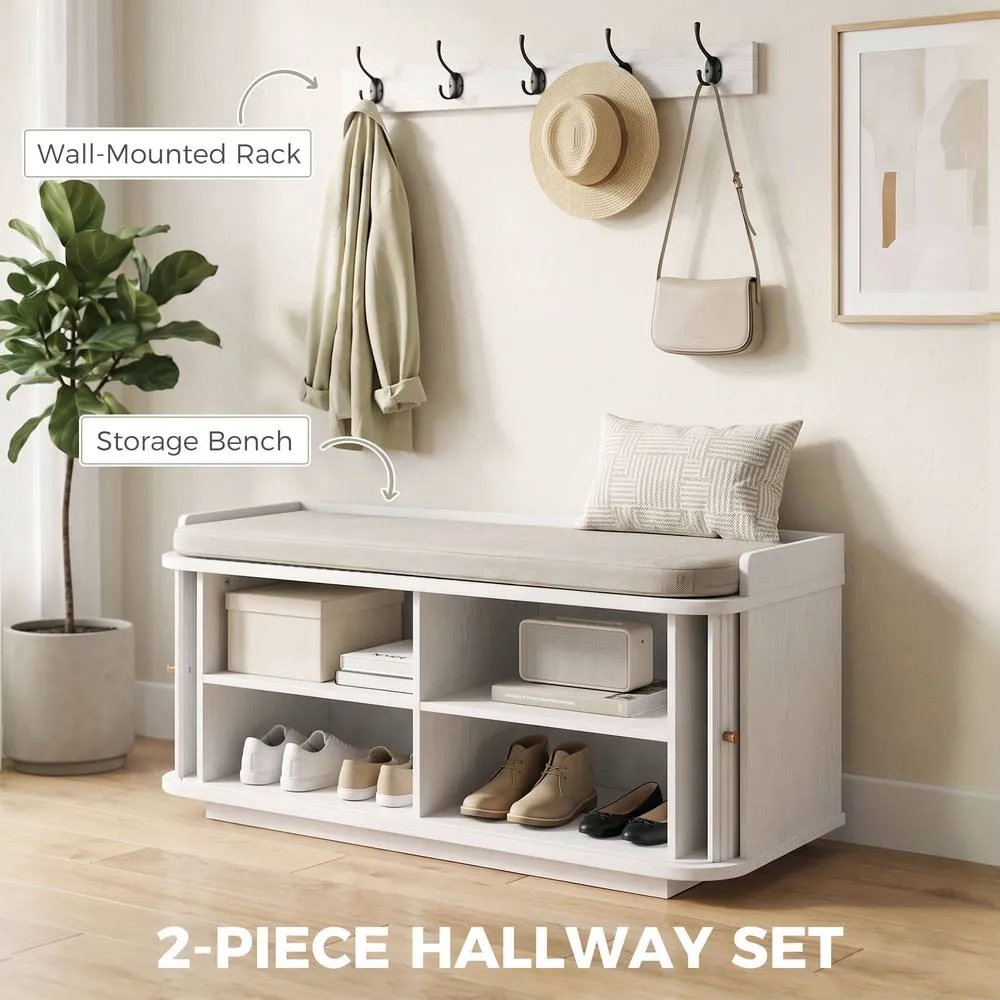 HOMCOM Hallway Furniture Set with Shoe Bench & Coat Rack in White 4