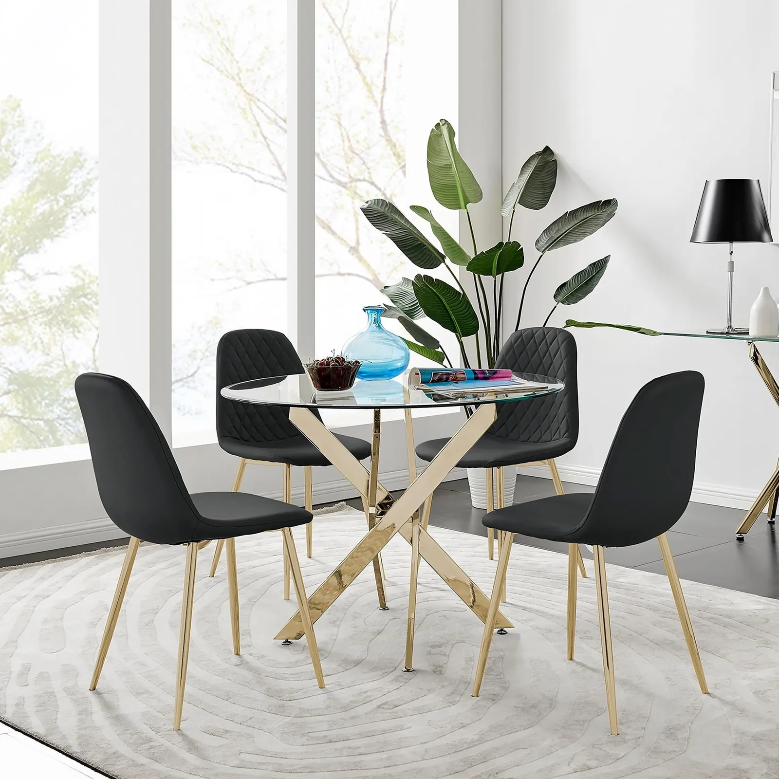 FurnitureboxUK Novara 100cm Round Tempered Glass Dining Table with Gold Legs & 4 Corona Faux Leather Chairs in Black 1