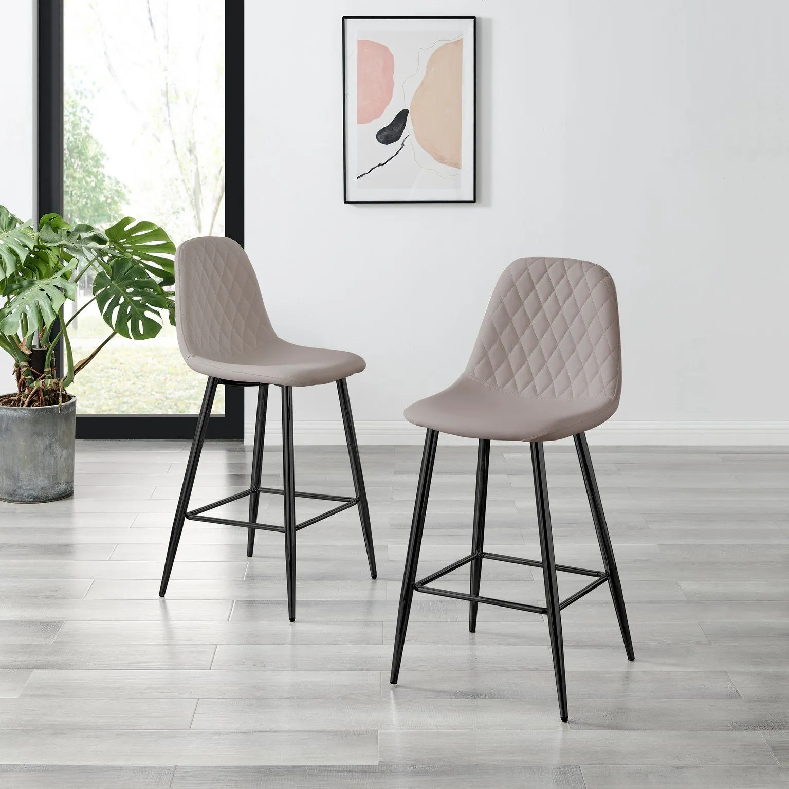 FurnitureboxUK Corona Set of 2 Counter Stools - Faux Leather Counter Stools With Black Legs - Kitchen Island Stool in Beige 2