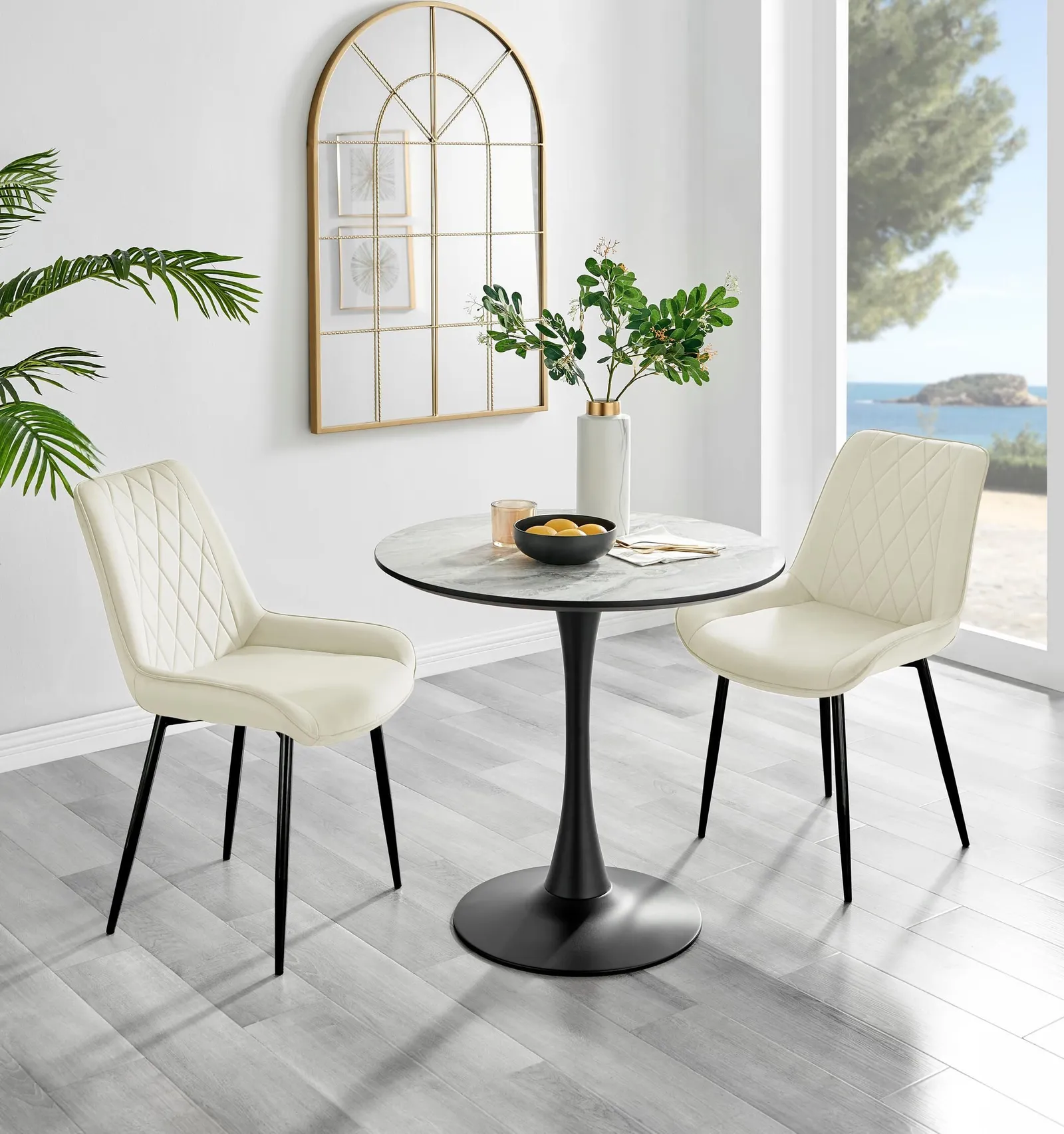 FurnitureboxUK Elina White Marble Effect Scratch Resistant Dining Table & 2 Pesaro Black Leg Velvet Chairs in Cream 1