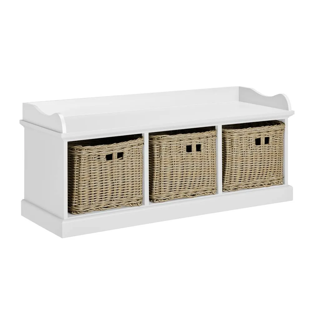 Statement Furniture Tetbury Bench with 3 Brown Faux Wicker Baskets & Cream Cushion in White 4