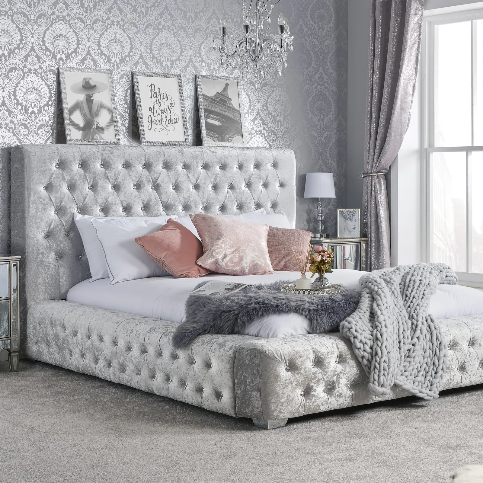 Grande Crushed Velvet Bed Grey