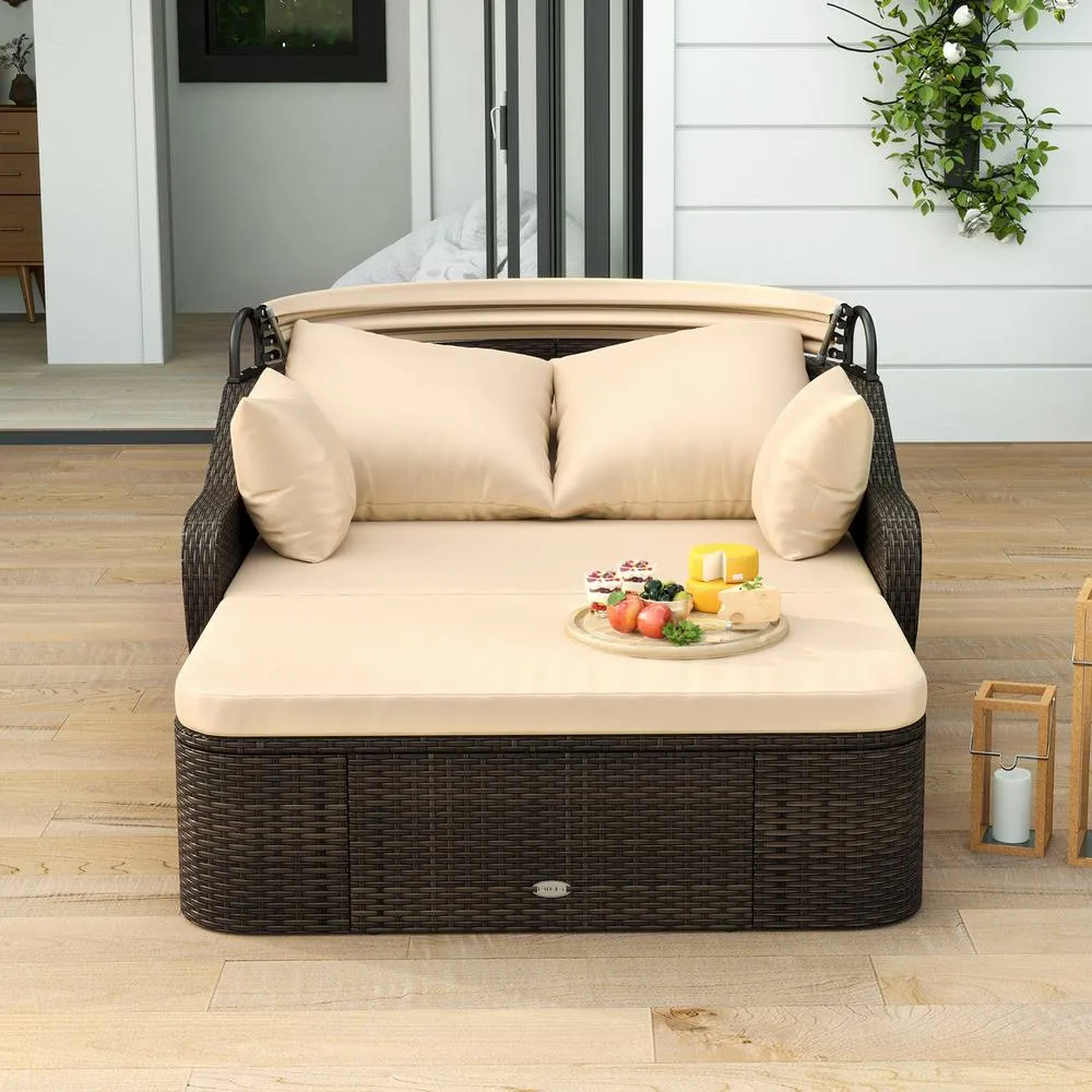 Costway Patio PE Rattan Daybed with Retractable Canopy in Beige 5