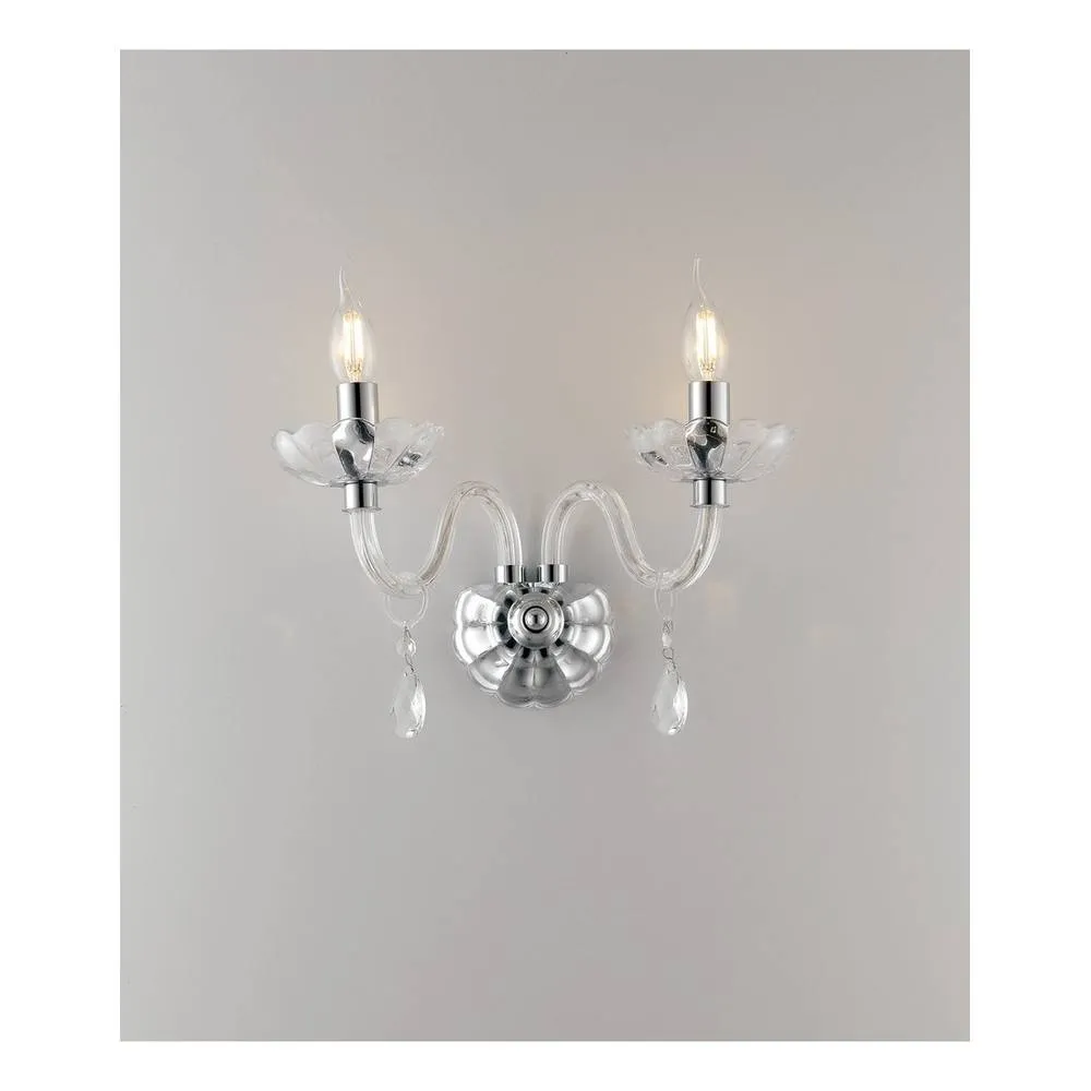 Netlighting RIFLESSO Twin 2 Light Candle Wall Light Chrome Crystal 40x35x18cm in Silver