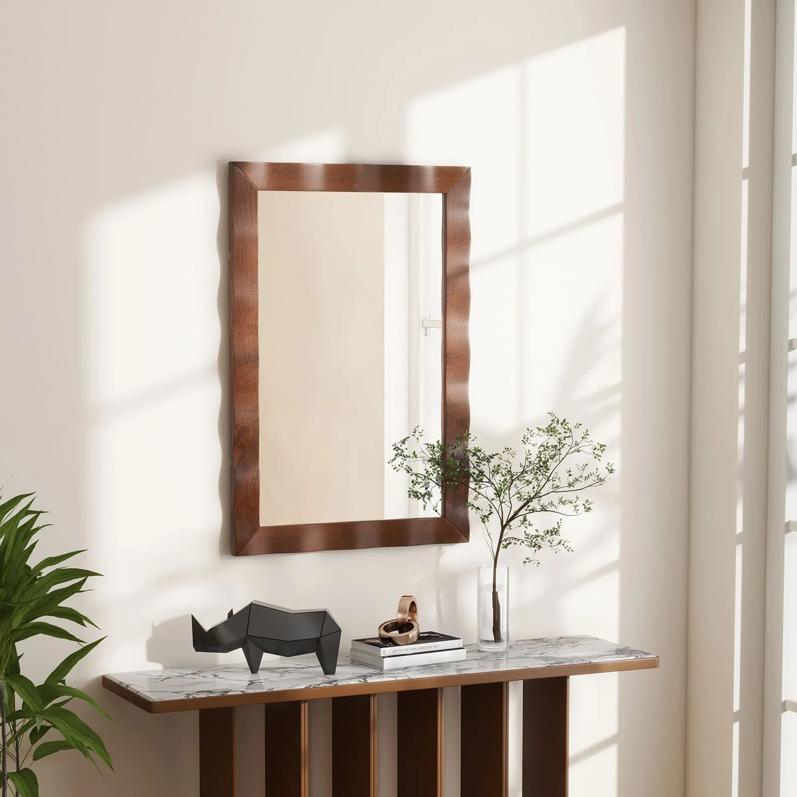 Costway Farmhouse Wall Mirror 106CM x71CM Wood Vanity Wall Mirror-Brown in Brown 6