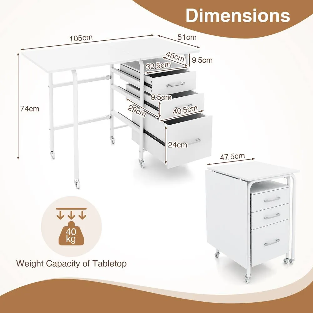 Costway Folding Desk with 3 Drawers Convertible Computer Desk in White 2