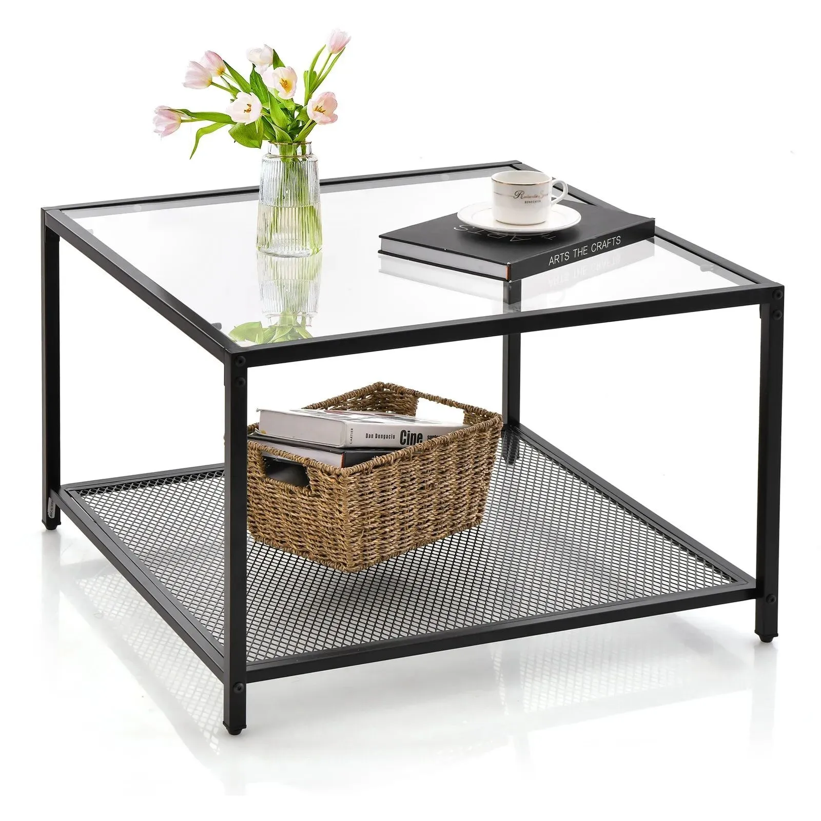 Costway Modern Glass Top Coffee Table Home Square Center Table Accent Sofa Side Table in Clear 2