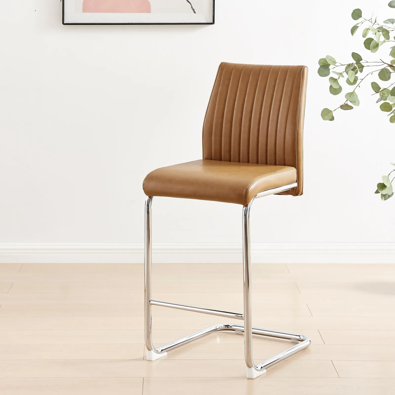 FurnitureboxUK Lorenzo 2x Faux Leather & Silver Counter Stools in Tan 4