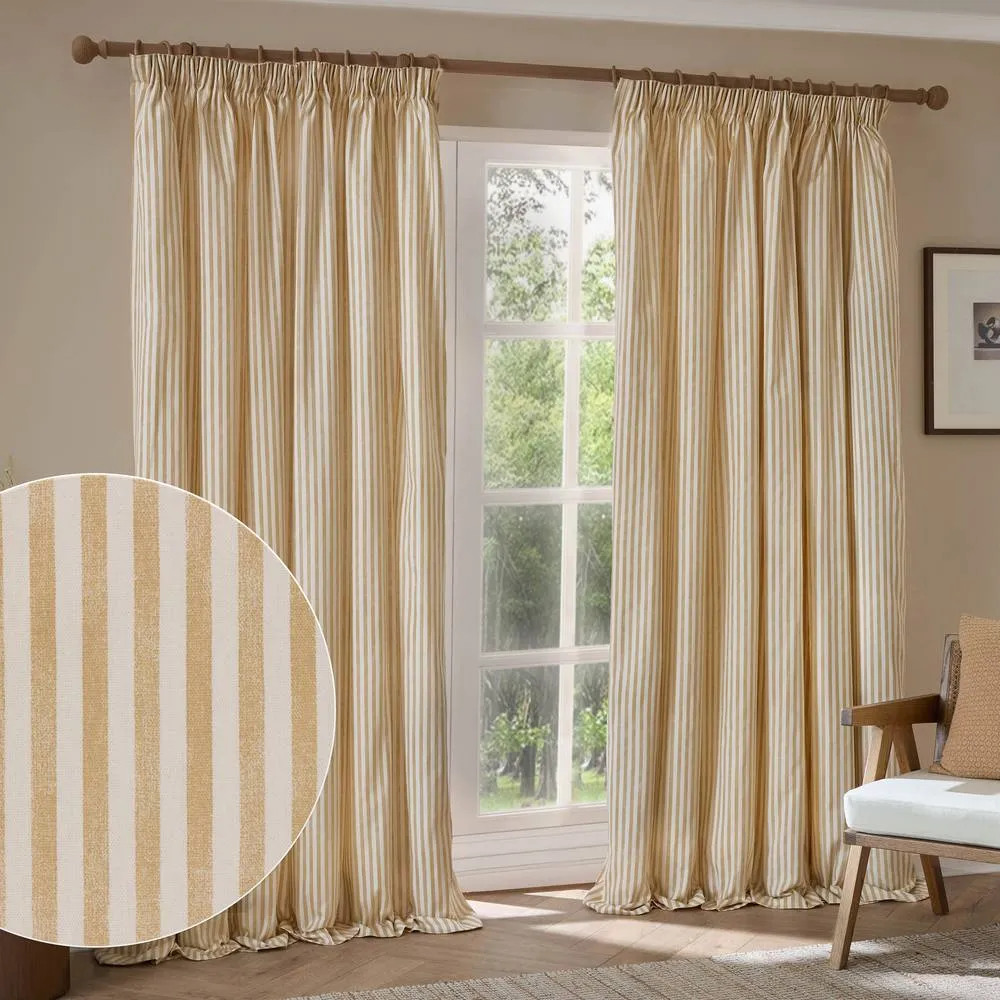 Yard Hebden Striped 100% Cotton Blackout Pencil Pleat Curtain Pair in Light Sand 1