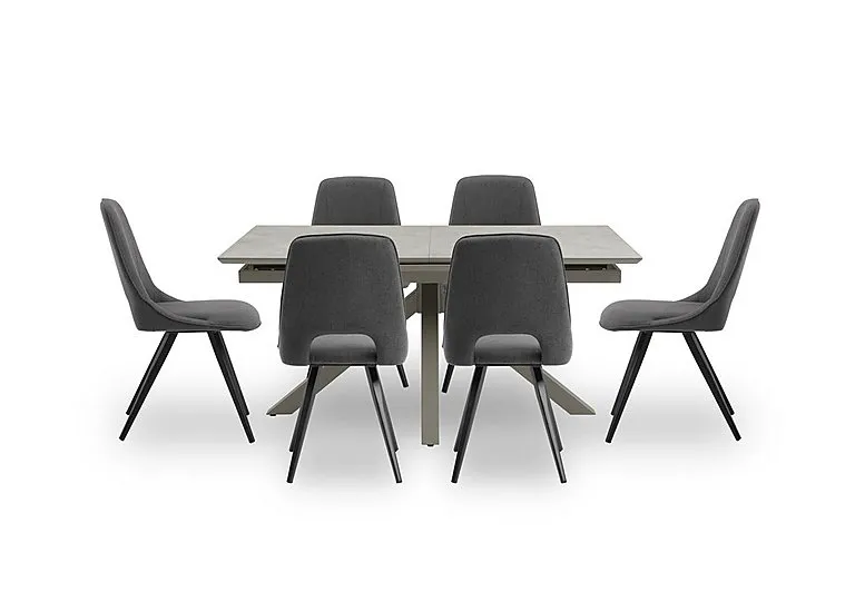 Matera Pop Up Extending Dining Table with Star Base and 6 Fabric Chairs with Black Legs