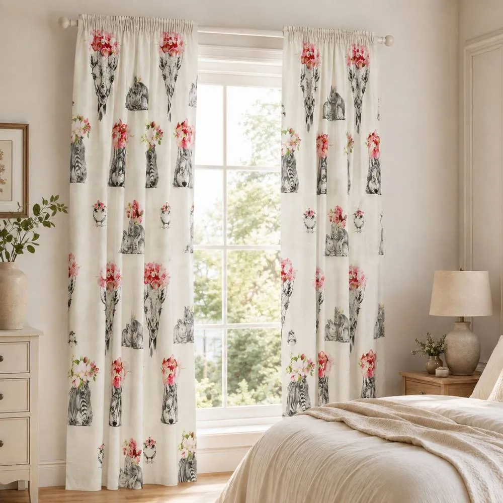 Smart Living Sketch Line Curtains Pair with Tie Backs - Animal Floral Print