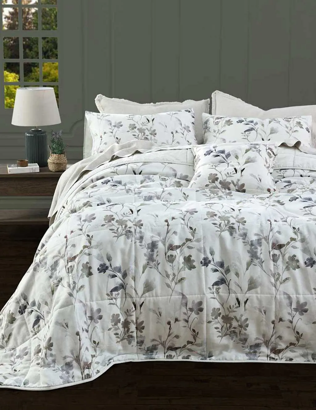 MM Linen Cotton Rich Floral Bedspread Set with Linen White Mix