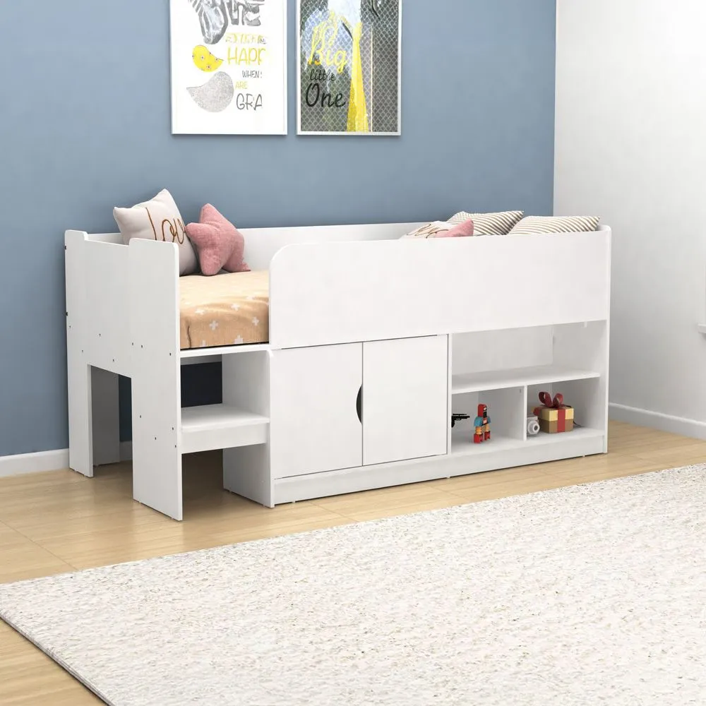 Kudl – Single – Mid Sleeper with Drawers and Shelves – White – Wooden – 3ft - Happy Beds