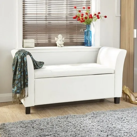 Charter Ottoman Seat In White Faux Leather With Wooden Feet