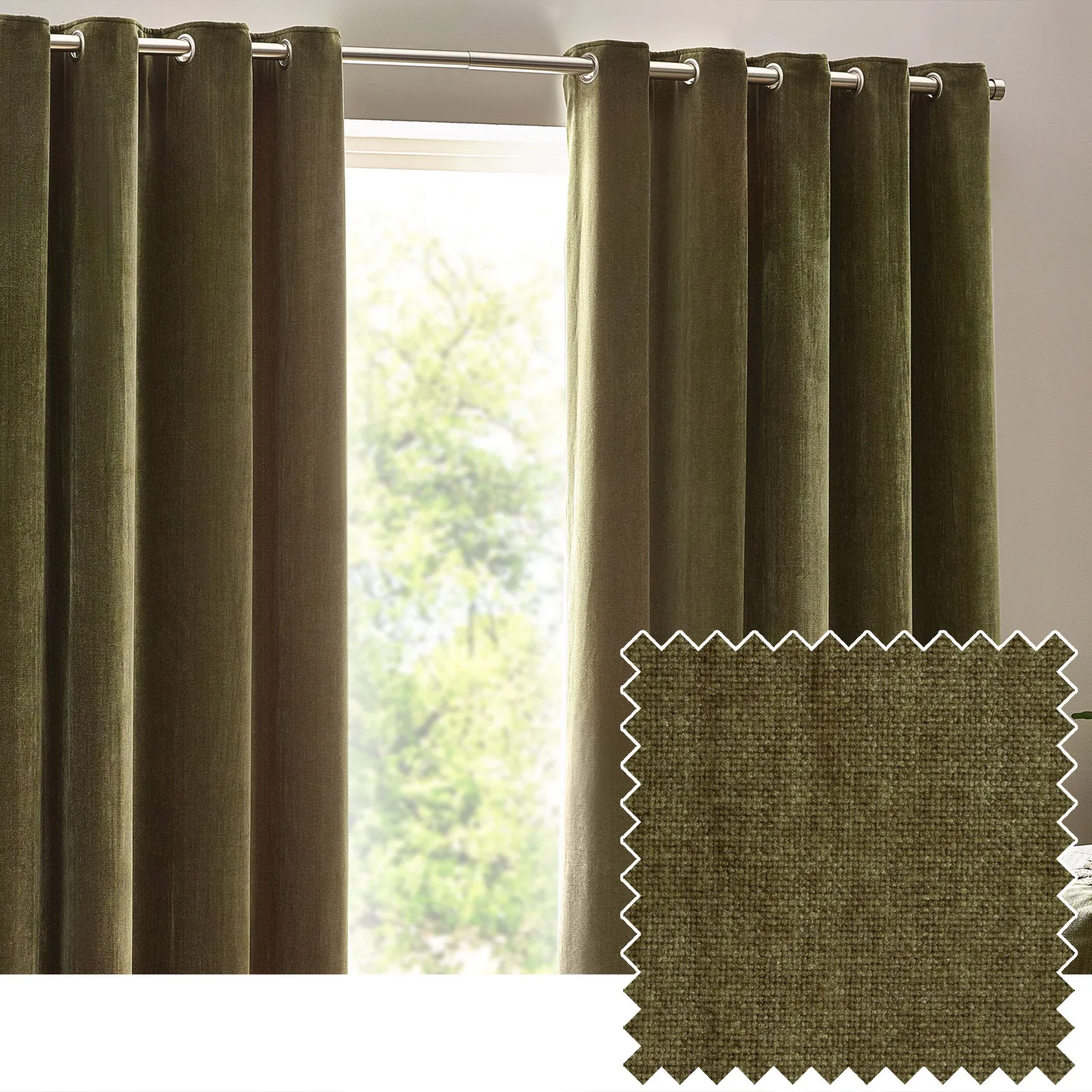 Yard Heavy Chenille Velvet Room Darkening Eyelet Curtain Pair in Olive 1