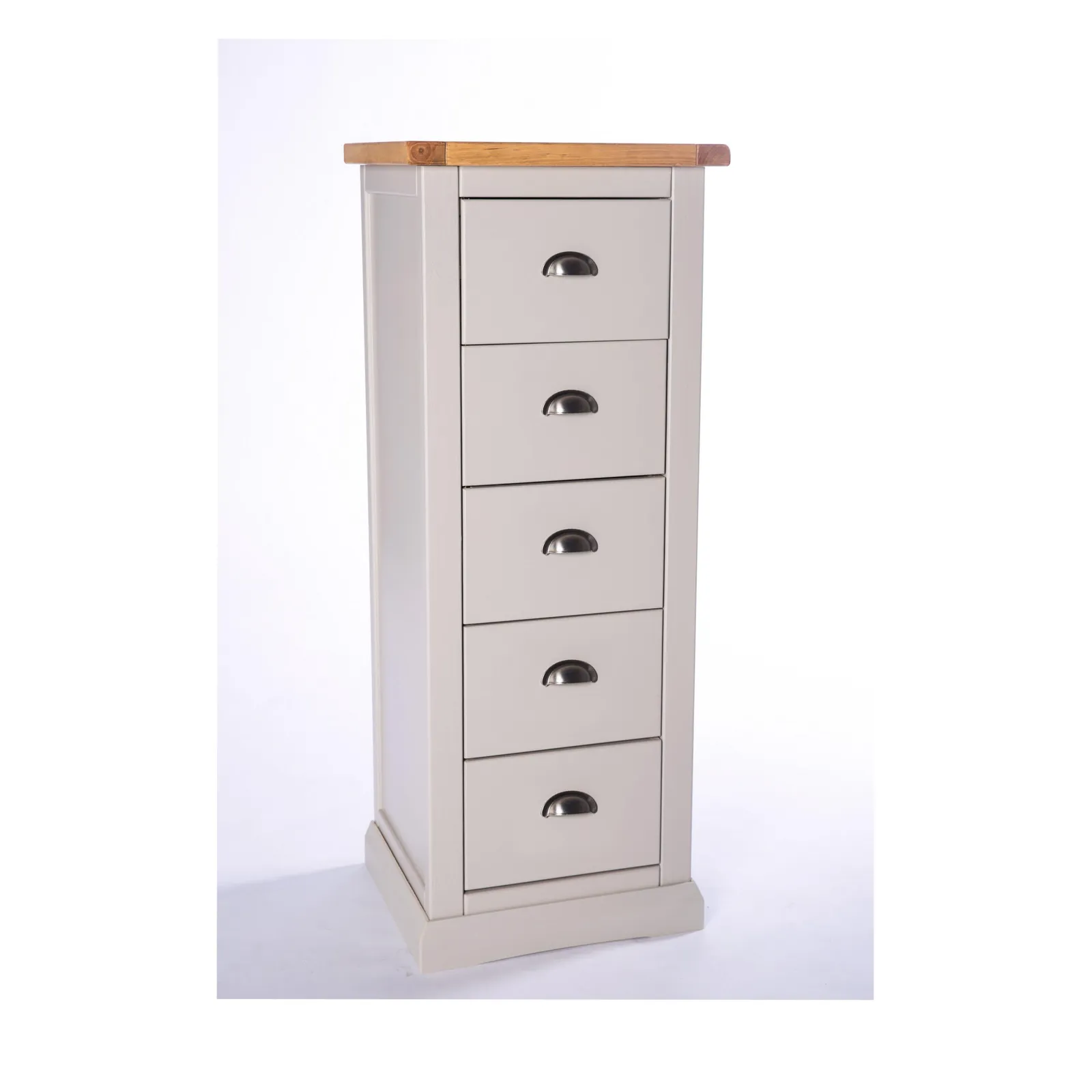 Cabinet Bits Loreo 5 Drawer Narrow Chest of Drawers Chrome Cup Handle in Light Grey 2