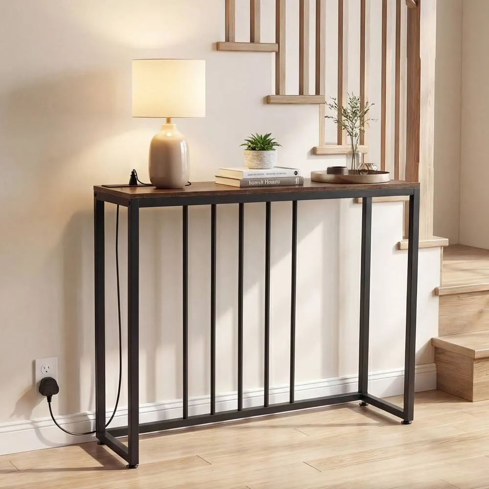 Costway Entryway Table Console Table with Charging Station in Brown