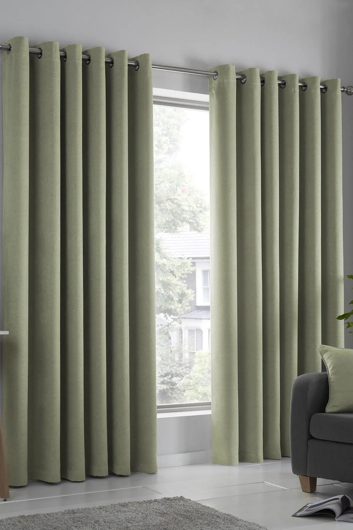Fusion 'Strata' Triple-Woven Dimout Eyelet Curtains in Green 1