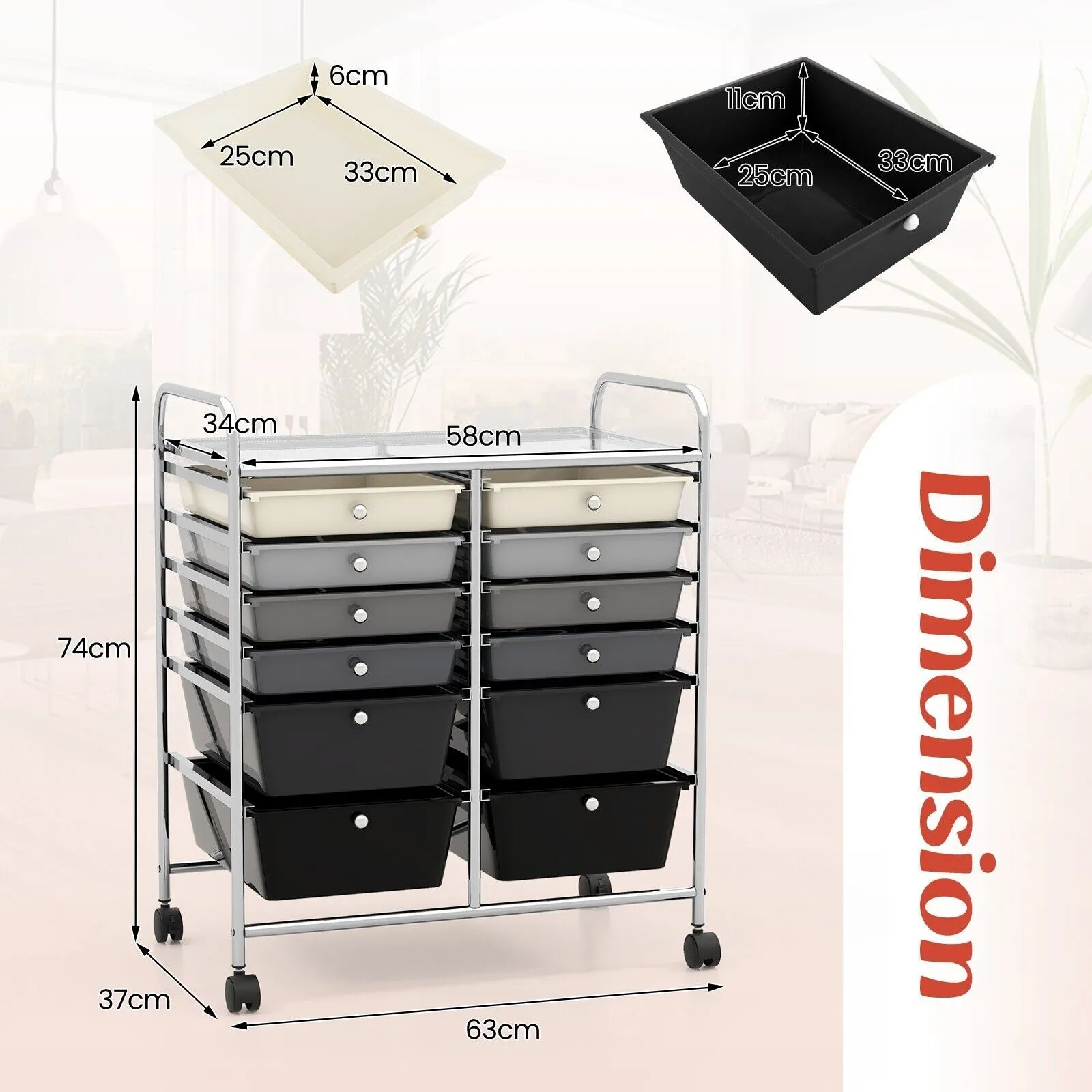 Costway 12 Drawer Rolling Storage Cart Office Lightweight Utility Cart w/Wheels in Black 2