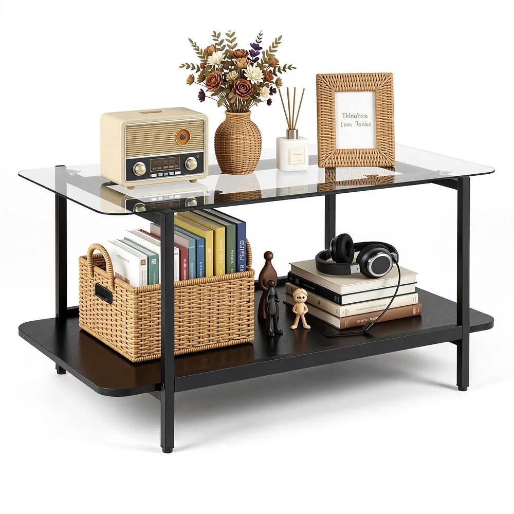 Costway 2-Tier Tempered Glass Coffee Table Modern Rectangular Center Table in Black 6