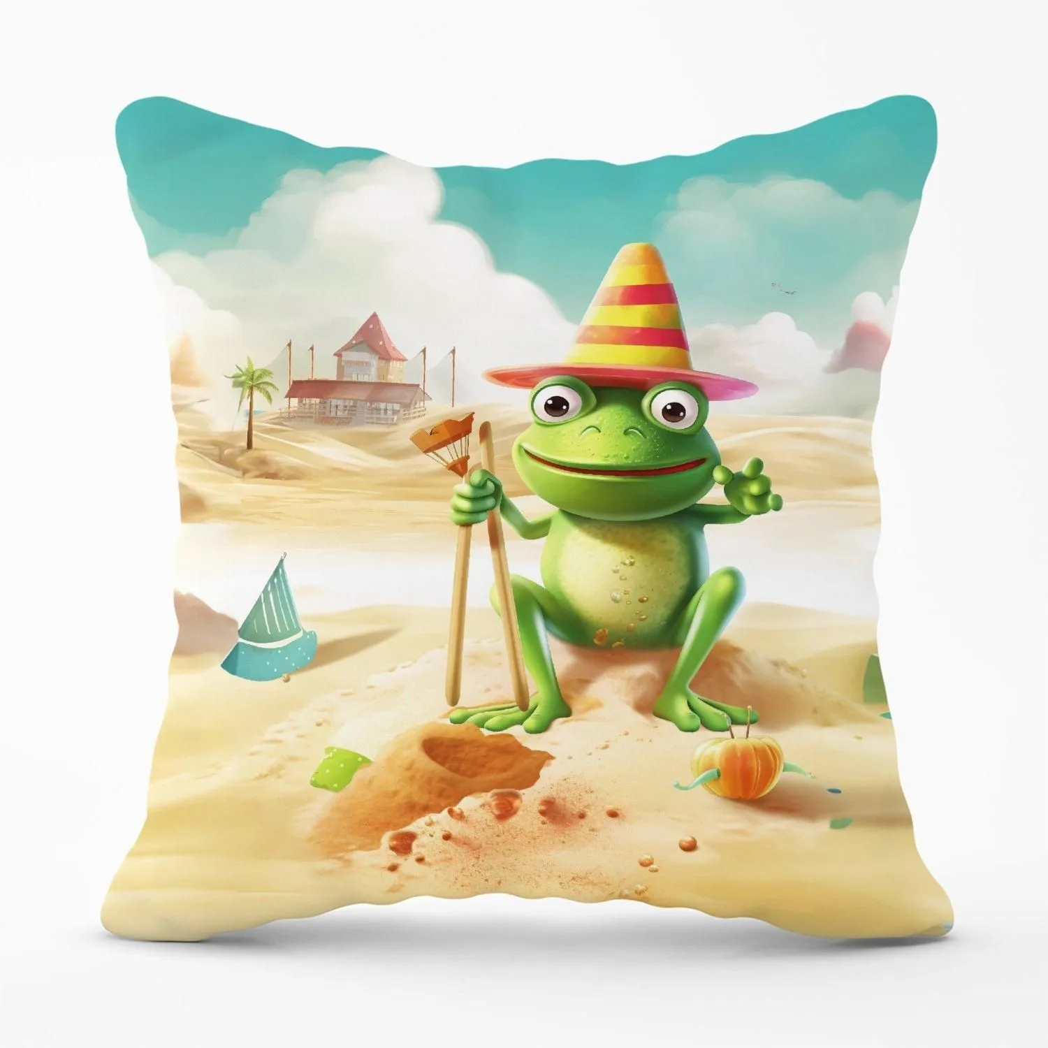 Warren Reed - Designer Happy Frog On A Beach Holiday Outdoor Cushion in Yellow