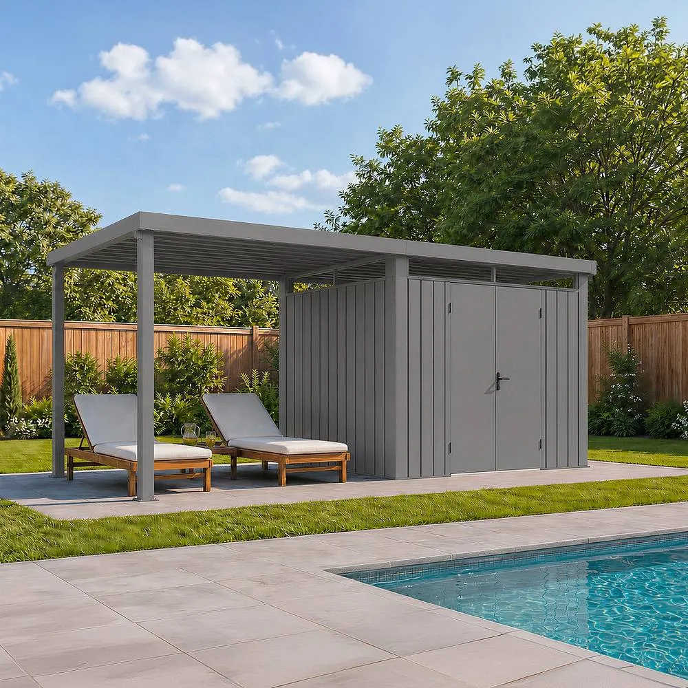 Vente-unique Galvanised Steel Metal Garden Shed 6.25 M² With Lean-To - Grey - 0.35
