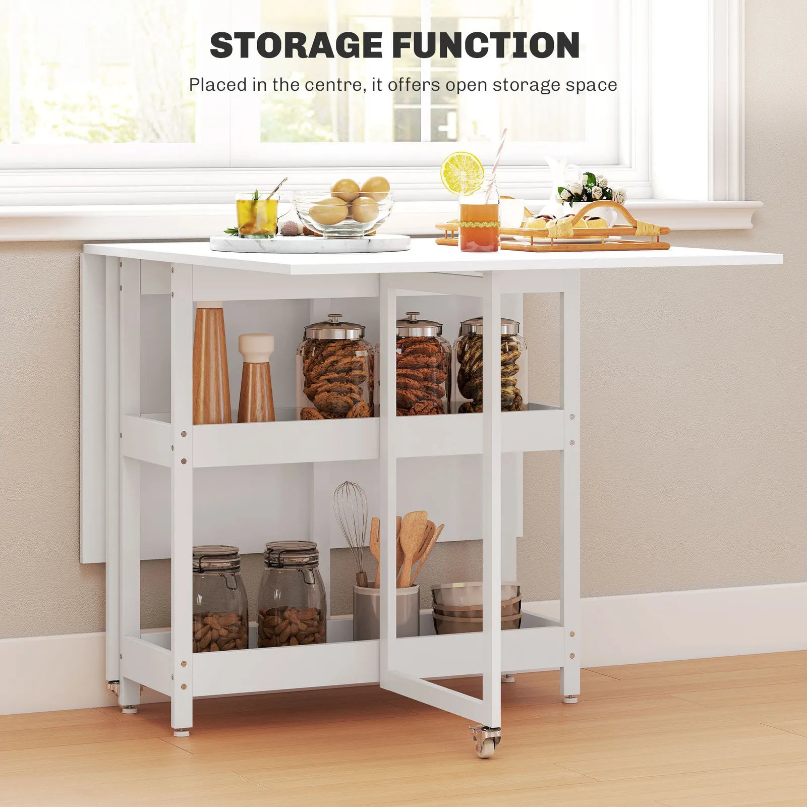 HOMCOM Folding Dining Table, Drop Leaf Table with Open Compartments in White 5