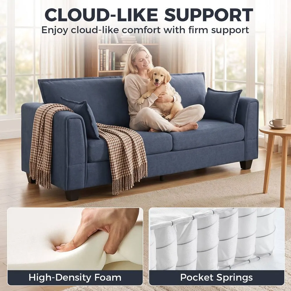 HOMCOM 3 Seater Sofa, Linen Upholstered Sofa with Spring Cushions in Dark Blue 4