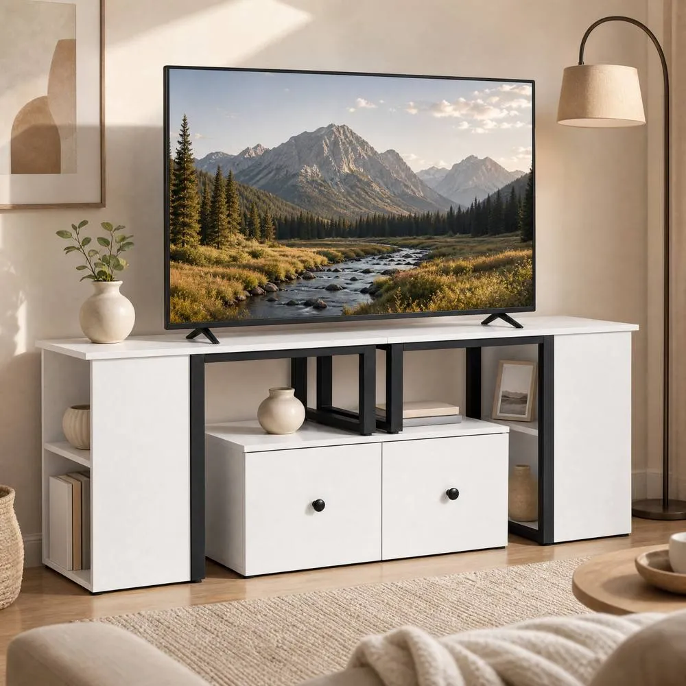 Costway Wood TV Cabinet 140 x 30 x 50 cm Lowboard TV Stand with 2 Large Drawers in White 5