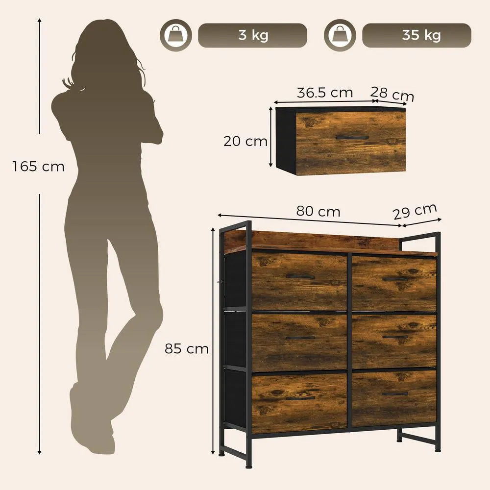 HOMCOM Bedroom Chest of Drawers 6 Drawer Dresser w/ Shelf, Rustic Brown 3