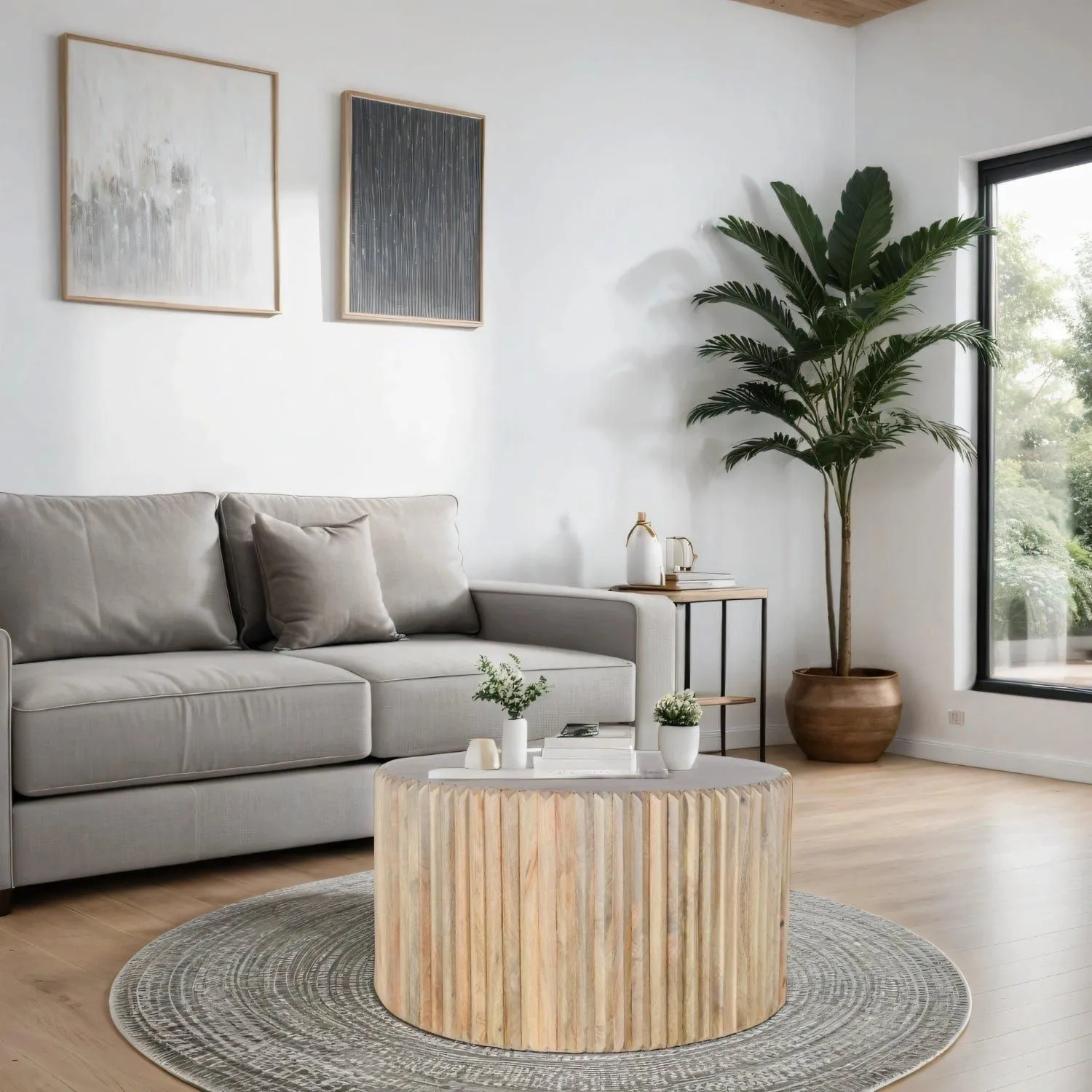IH Design Paloma Carved Mango Wood Round Coffee Table in Brown 3
