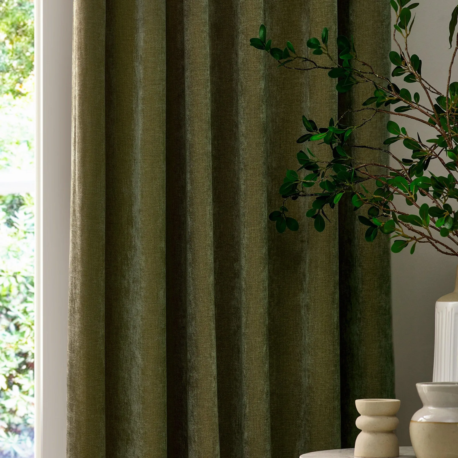 Yard Heavy Chenille Velvet Room Darkening Pencil Pleat Curtain Pair in Olive 3